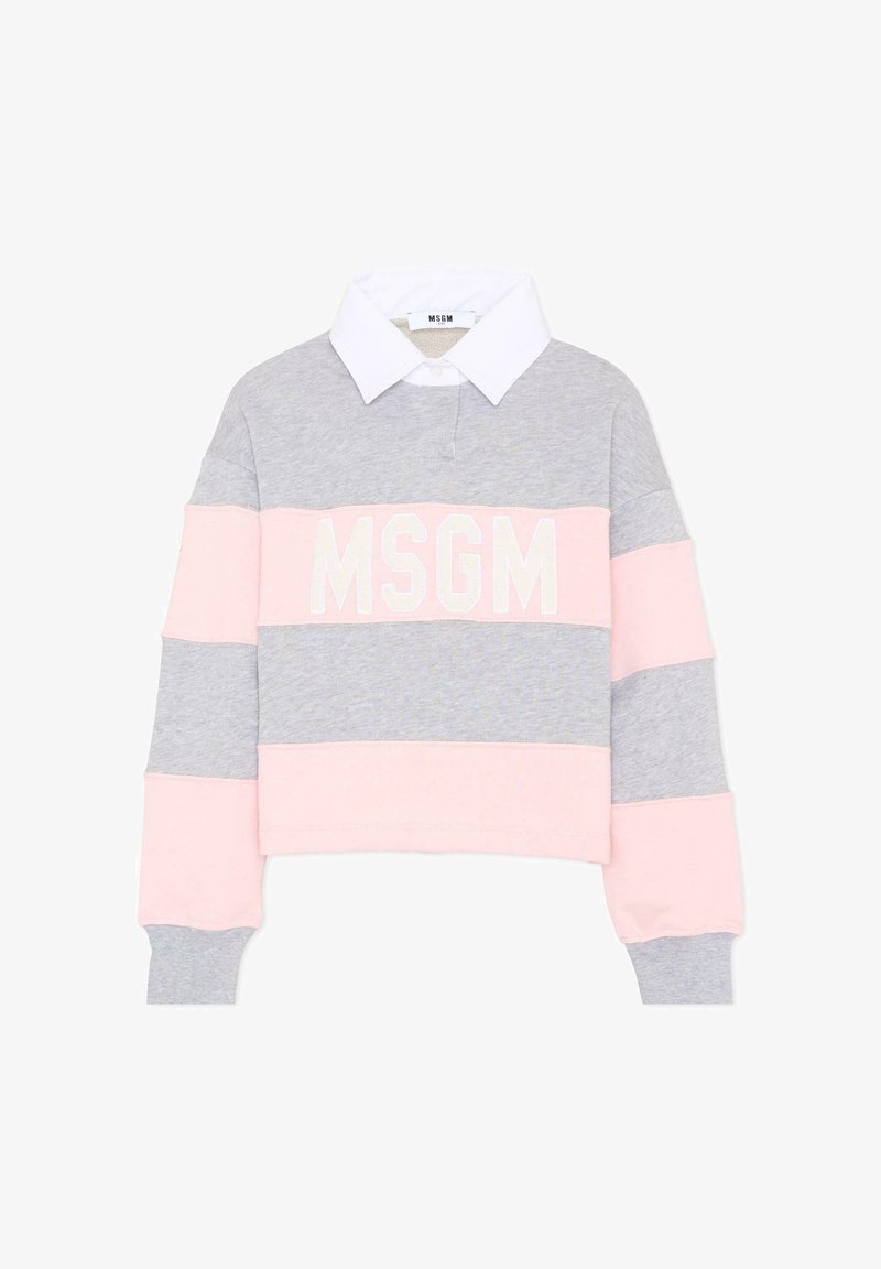 Sweat-shirt à manches longues gris et rose avec empiècements de couleurs, col blanc et grand logo MSGM blanc sur la poitrine.