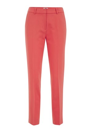 Coral trousers with a slim fit, flat front, belt loops, side pockets, and smooth fabric texture, designed for a tailored appearance.