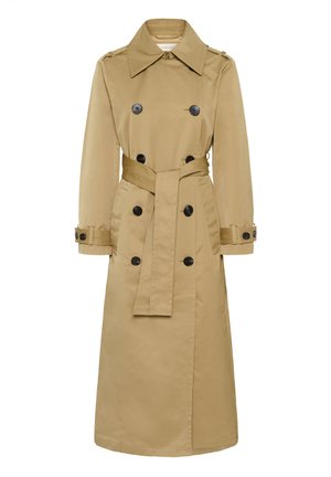 Beež pika lõhikuga mantel, millel on kahe rea mustad nööbid, lai krae, vöökohal rihm ja nööbitavad varrukapikendused, valgel taustal.