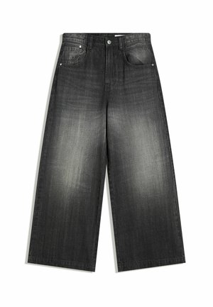 Black wide-leg denim jeans with front pockets, button closure, and subtle faded details along the legs.