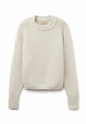 Helle beige Strickjacke mit Rundhalsausschnitt, Rippbündchen und Saum sowie einem strukturierten Muster im gesamten Stoff.