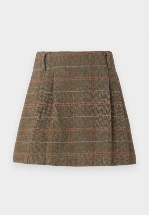 Tweed A-line skirt in brown with herringbone pattern, featuring a subtle red and white check, pleated design, and concealed side zip.