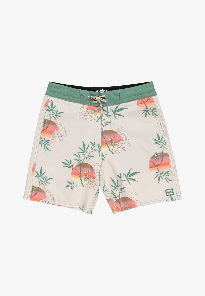 Beige Boardshorts mit grünem Bund, ausgestattet mit einem tropischen Muster aus Bambus, Löwen und Sonnenuntergangsfarben. Verstellbarer Kordelzug inklusive.