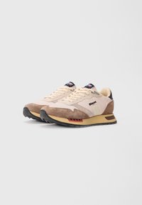 Pair of beige and brown low-top sneakers with black soles, beige laces, and "Blauer" logo on the sides and tongue.