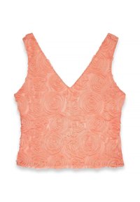 Canotta corallo con scollo a V, caratterizzata da un motivo floreale testurizzato in tessuto sollevato e bordi scallop. Leggera e aderente.