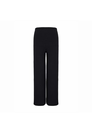 Zwarte wijde broek van ribbelstof. Voorzien van een elastische tailleband, met een eenvoudig, strak ontwerp en geen zichtbare hardware.