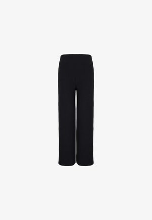 Zwarte wijde broek van ribbelstof. Voorzien van een elastische tailleband, met een eenvoudig, strak ontwerp en geen zichtbare hardware.