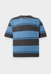 Short-sleeve T-shirt in cotton with horizontal stripes in shades of blue and dark gray. Features a crew neck and relaxed fit.