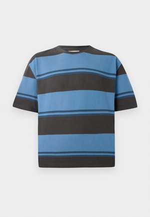 Short-sleeve T-shirt in cotton with horizontal stripes in shades of blue and dark gray. Features a crew neck and relaxed fit.