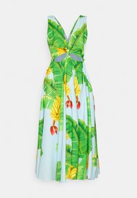 Blomstret kjole med en lys blå baggrund prydet med grønne bananblade og gule bananer. V-halsdesign med udskæringsdetaljer.