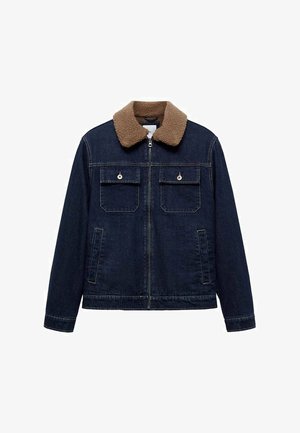 Jeansowa kurtka z brązowym kołnierzem z futra syntetycznego, dwoma kieszeniami na piersi z zatrzaskami oraz kieszeniami bocznymi. Ciemnoniebieski kolor o klasycznym kroju.