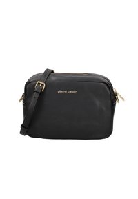 Borsa a tracolla in pelle nera con chiusura con zip, dettagli in metallo dorato e logo impresso sul fronte; tracolla regolabile per maggiore versatilità.