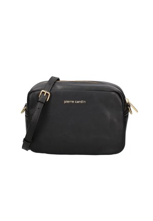 Borsa a tracolla in pelle nera con chiusura con zip, dettagli in metallo dorato e logo impresso sul fronte; tracolla regolabile per maggiore versatilità.