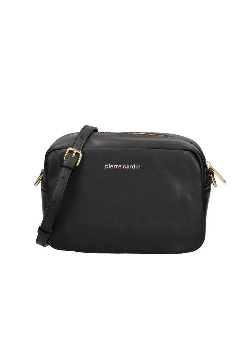Borsa a tracolla in pelle nera con chiusura con zip, dettagli in metallo dorato e logo impresso sul fronte; tracolla regolabile per maggiore versatilità.