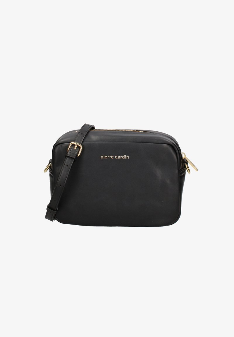 Borsa a tracolla in pelle nera con chiusura con zip, dettagli in metallo dorato e logo impresso sul fronte; tracolla regolabile per maggiore versatilità.