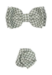 Groen en witte houndstooth-patroon strik en kleinere knoopaccessoire gemaakt van geweven stof, met een gestructureerd uiterlijk en gedefinieerde vormen.