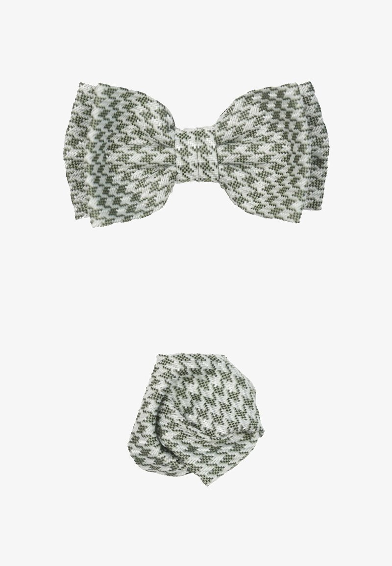 Noeud motif pied-de-poule vert et blanc et un accessoire en petit nœud fait de tissu tissé, présentant une texture unique et des formes bien définies.