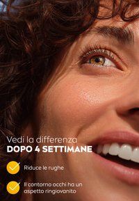 Primo piano di un volto con capelli ricci castani, tono di pelle caldo e pelle liscia. Il testo evidenzia i benefici per la pelle legati alle rughe e al ringiovanimento.