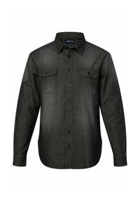 Camicia a maniche lunghe grigia scuro con bottoni, realizzata in denim, dotata di due tasche sul petto con pattina e colletto tradizionale. Texture liscia.