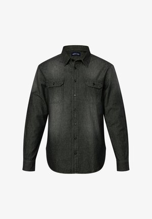 Mørkegrå langærmet skjorte med knapper lavet af denim, med to brystlommer med klapper og en traditionel krave. Glat tekstur.