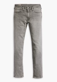Jean slim fit gris en denim avec fermeture devant par bouton et zip, passants pour ceinture et design cinq poches, posé à plat sur fond blanc.