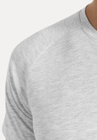 Lys grå T-shirt med et blødt, tekstureret stof, rund halsudskæring og raglanærmer, der fremhæver sømdetaljer på skulderen.