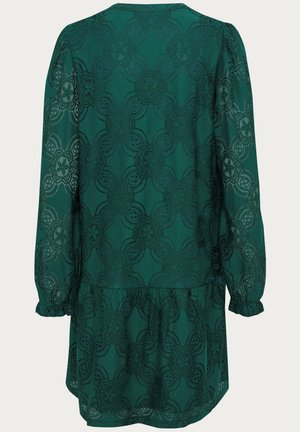 Groene kanten tuniek met lange mouwen, bloemenpatroon en gerimpelde zoom. Doorzichtige textuur met een stevige voering eronder voor bedekking.