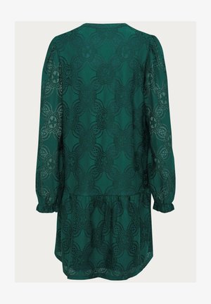 Zöld csipke tunika hosszú ujjakkal, virágmintával és fodros szegéllyel. Áttetsző anyag, alatta szilárd bélés a takarás érdekében.