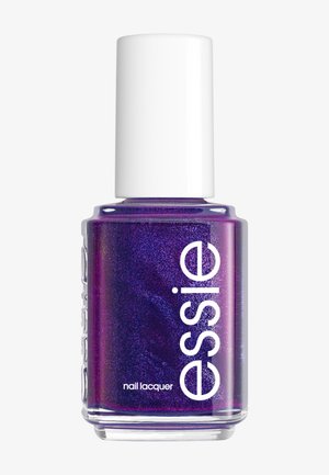 Square glass bottle of shimmering dark purple Essie nail lacquer with white cap and vertical brand name on the front.