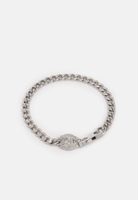 Zilveren armband met in elkaar grijpende schakels, voorzien van een decoratieve leeuwenkopsluiting. Glad, gepolijst afwerking.