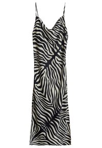 Zebra-kuvioinen liukuhihapuku mustassa ja vaaleassa. Ominaisuuksiin kuuluu ohuet hihnat ja sileä, kevyt kangas. Hiukan muotoiltu malli parantaa laskeutuvuutta.