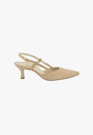 Tacco slingback in suede beige con punta affilata, cinturini sottili, tacco piccolo e un'accortezza lucida alla base.