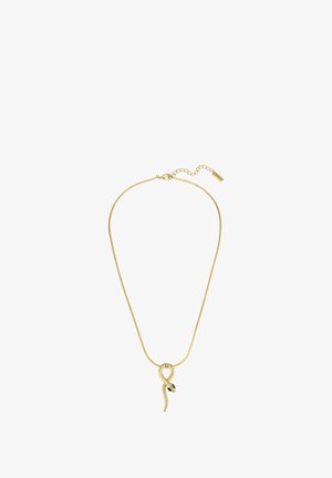 Guld kædedesign med en slangeformet vedhæng, der har teksturerede skæl og sorte stenyner, samt en justerbar lås.