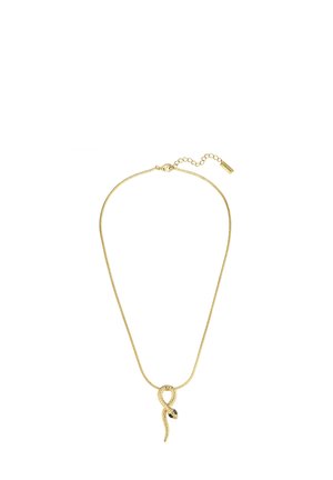 Collana in oro con pendente a forma di serpente caratterizzato da squame testurizzate e occhi in pietra nera, dotato di chiusura regolabile.