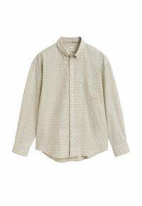 Lichtbeige overhemden met knoopsluiting, voorzien van een geruit patroon in blauw en groen. Heeft een klassieke kraag en één borstzak. Lange mouwen.
