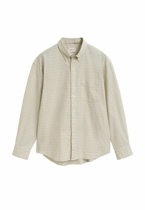 Lichtbeige overhemden met knoopsluiting, voorzien van een geruit patroon in blauw en groen. Heeft een klassieke kraag en één borstzak. Lange mouwen.