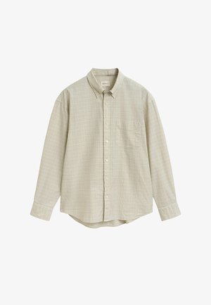 Helle beige Hemdbluse mit einem karierten Muster in Blau und Grün. Verfügt über einen klassischen Kragen und eine Brusttasche. Lange Ärmel.