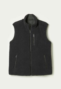 Schwarze ärmellose Fleeceweste mit hohem Kragen und drei Reißverschlusstaschen, flach auf einem hellen Hintergrund ausgelegt.