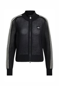 Crni pleteni kardigan na patentni zatvarač s mrežastim uzorkom, bijele bočne pruge i mali logo na prsištu. Rebrasti ovratnik i rukavi.