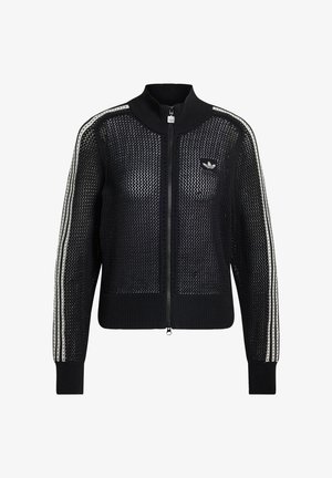 Crni pleteni kardigan na patentni zatvarač s mrežastim uzorkom, bijele bočne pruge i mali logo na prsištu. Rebrasti ovratnik i rukavi.