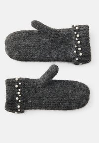 Mitten in lana grigia con una finitura morbida e testurizzata. Accentuate da perle finte lungo il polsino, caratterizzate da una forma tradizionale.