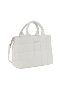 Borsa a spalla bianca trapuntata a quadrati con doppi manici superiori, tracolla staccabile e un accento metallico con logo sulla parte frontale. Texture in pelle liscia.