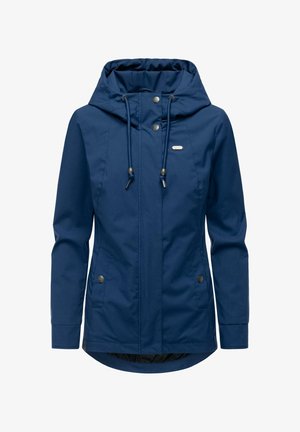 Marineblå hættejakke med frontlynlås, trykknapper, justerbare snore og to sidelommer.