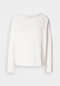 Pull blanc à manches longues avec col rond, coupe décontractée et sans motifs ni dessins visibles.