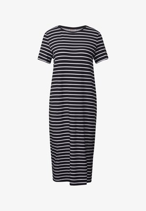 Raidallinen mekko mustasta ja valkoisesta kankaasta, lyhyet hihat, pyöreä pääntie, keskipitkä ja sivuaukolla liikkumisen helpottamiseksi.