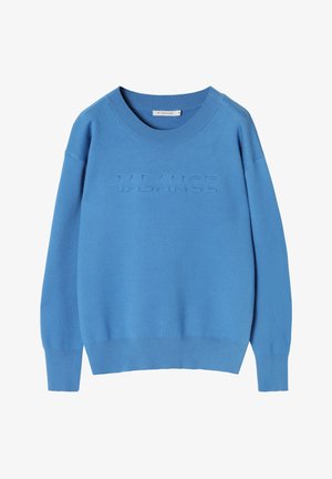 Vaaleansininen huppari, jossa on pyöreä kaula-aukko, pitkät hihat ja koholla olevat kirjaimet, jotka sanovat "BALANCE" edessä. Pehmeä kankaan tekstuuri.