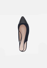 Navy suede high-heeled shoe with a pointed toe and black leather cap. Open sides and a slingback design. Smooth interior with branding.