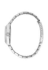 Orologio in acciaio inossidabile argento con cassa rettangolare, superficie liscia e cinturino a maglie. Fibbia notevole e fori di regolazione per la misura.