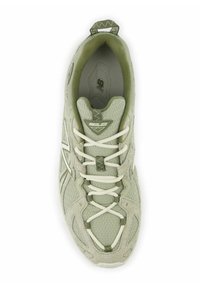 Light green athletic shoe with mesh and suede materials, white laces, textured patterns, and a padded collar for comfort.