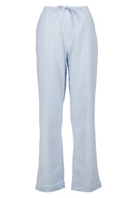 Vaaleansinisiä ja valkoisia raidallisia pyjamahousuja, joissa on naru vyötäröllä, suora lahjesuunnittelu ja pehmeä, kivimäistä puuvillakangasta.